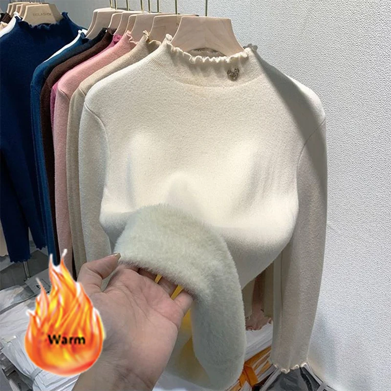Winter Lined Thick Sweater Women Korean Wave Half Turtlenck Long Sleeve Knitted Sueter Elegant Plush Velvet Knit Bottoming Top
