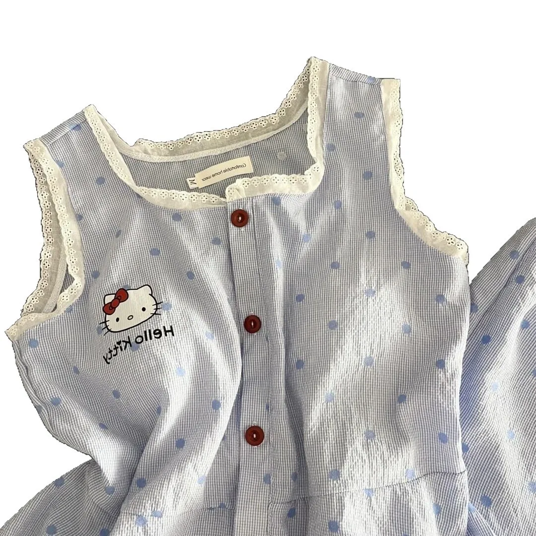 الدانتيل مرحبا كيتي منامة مجموعة المرأة الصيف الأزرق المشارب الحمالات السراويل ملابس المنزل فتاة طالب المتسكعون دعوى ملابس خاصة