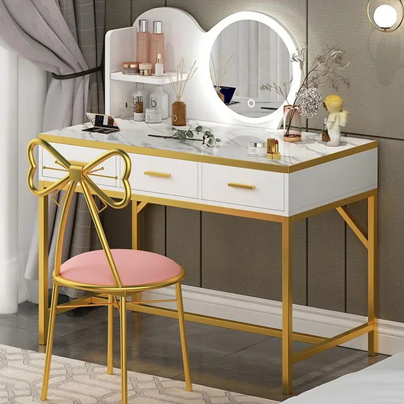 

Chair Dressing Table Makeup Container Luxury Nordic Dressing Table Led Lights Toiletries Coiffeuse Bedroom Furniture