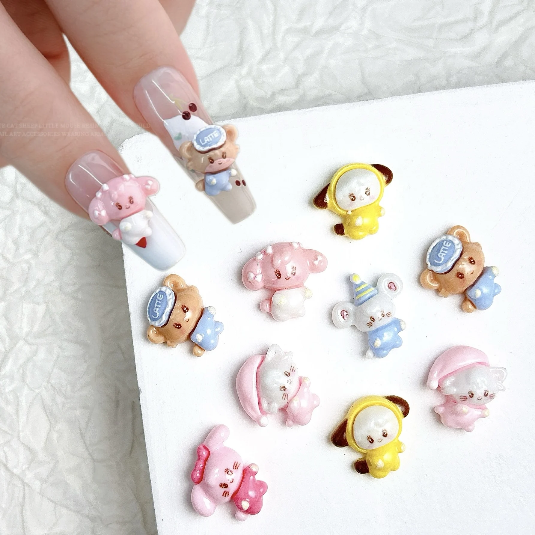 20 pièces dessin animé mignon pyjamas chat ours résine ongles breloques Double Style souris chien mixte animaux Nail Art décorations bricolage pince ongles