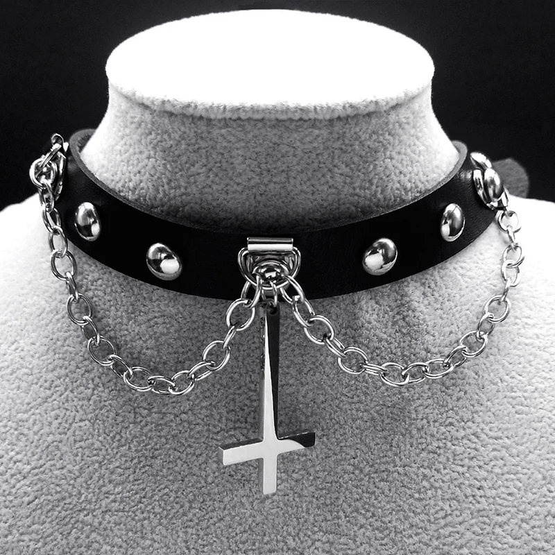 Harajuku Halsband Gothic Satan Inverted Cross Halskette Edelstahl PU Leder Cosplay Anime Halsketten Emo Goth Schmuck N8373 – Detail 5