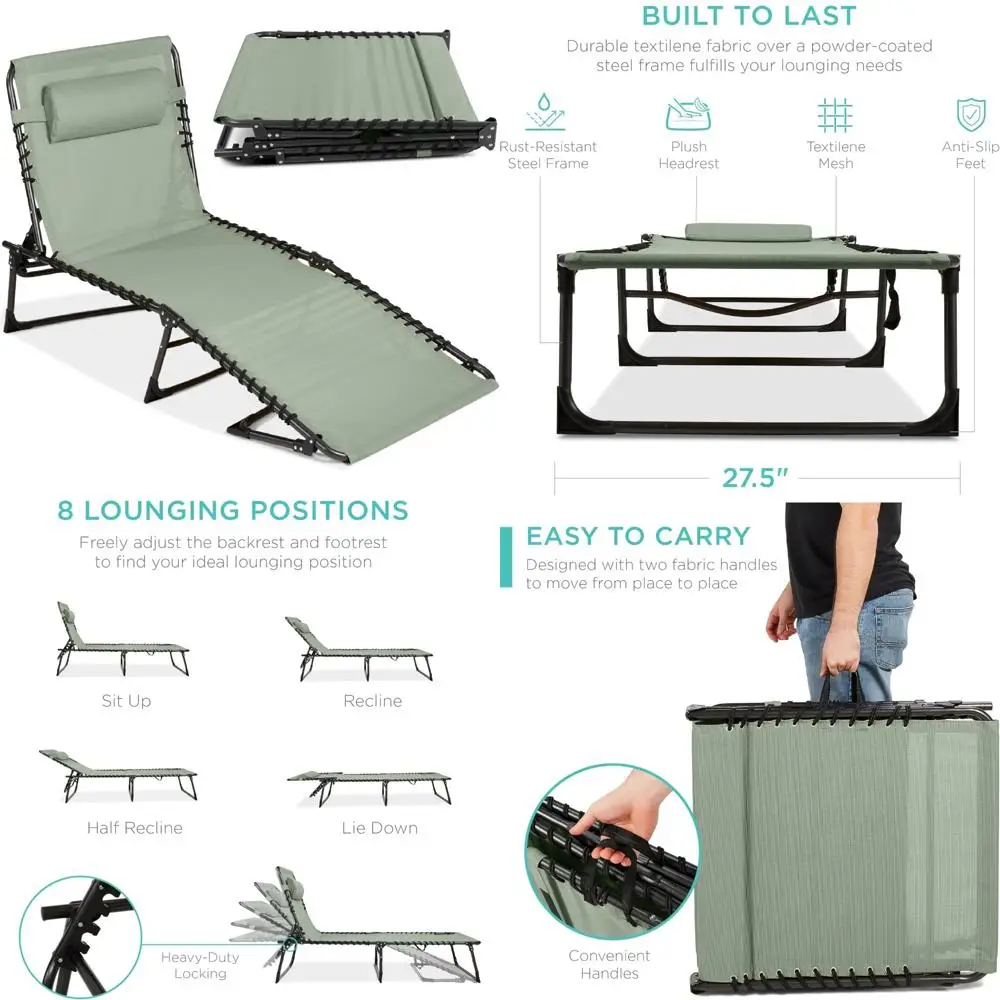 

Портативное складное кресло с откидной спинкой для газона, 8 регулируемых положения, ручки, грузоподъемность 300 фунтов, шезлонг для патио