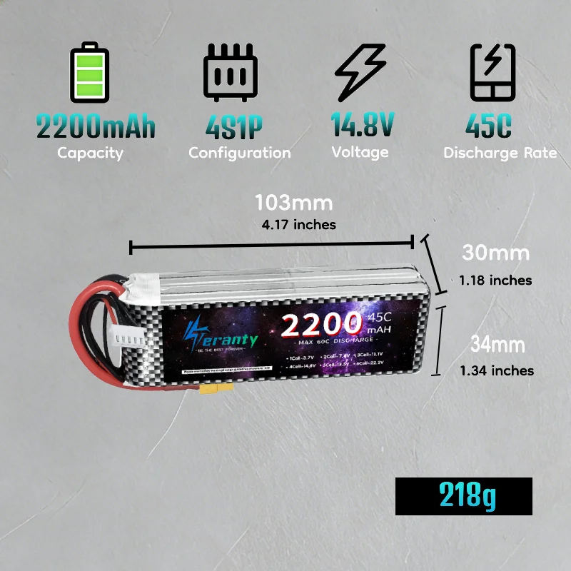 Teranty 4S 14.8V 2200mAh 45C Lipo Battery Deans T Plug RC Buggy Off-road Truck Racing Car Short Course Vehicle Power Cell