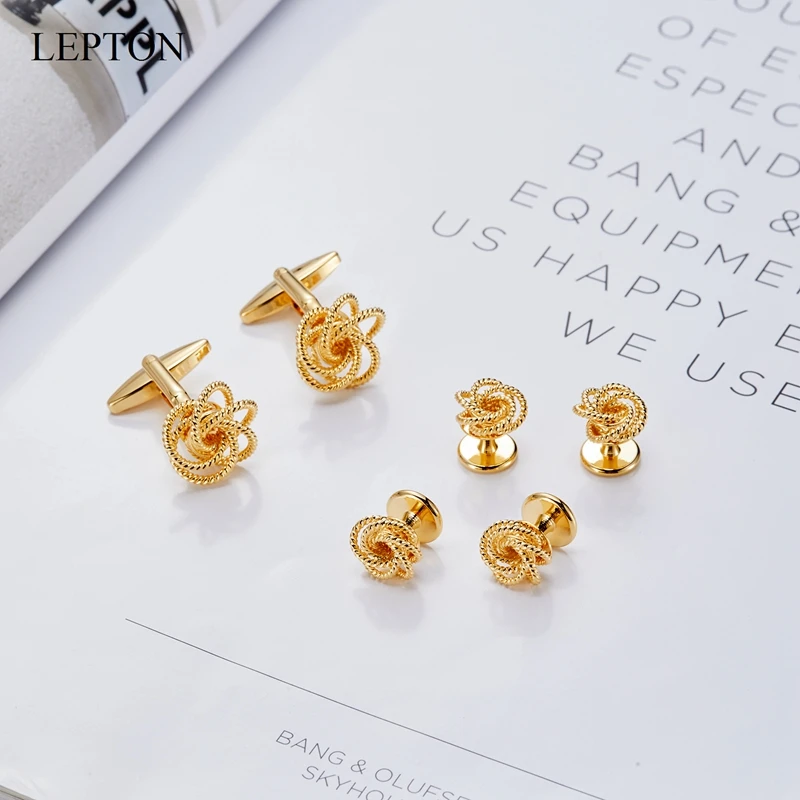 Low-key Luxury Metal Knots Cufflinks Tuxedo Studs Sets Lepton 14K Gold Color Plating Cuff links Collar Studs Cufflink For Mens