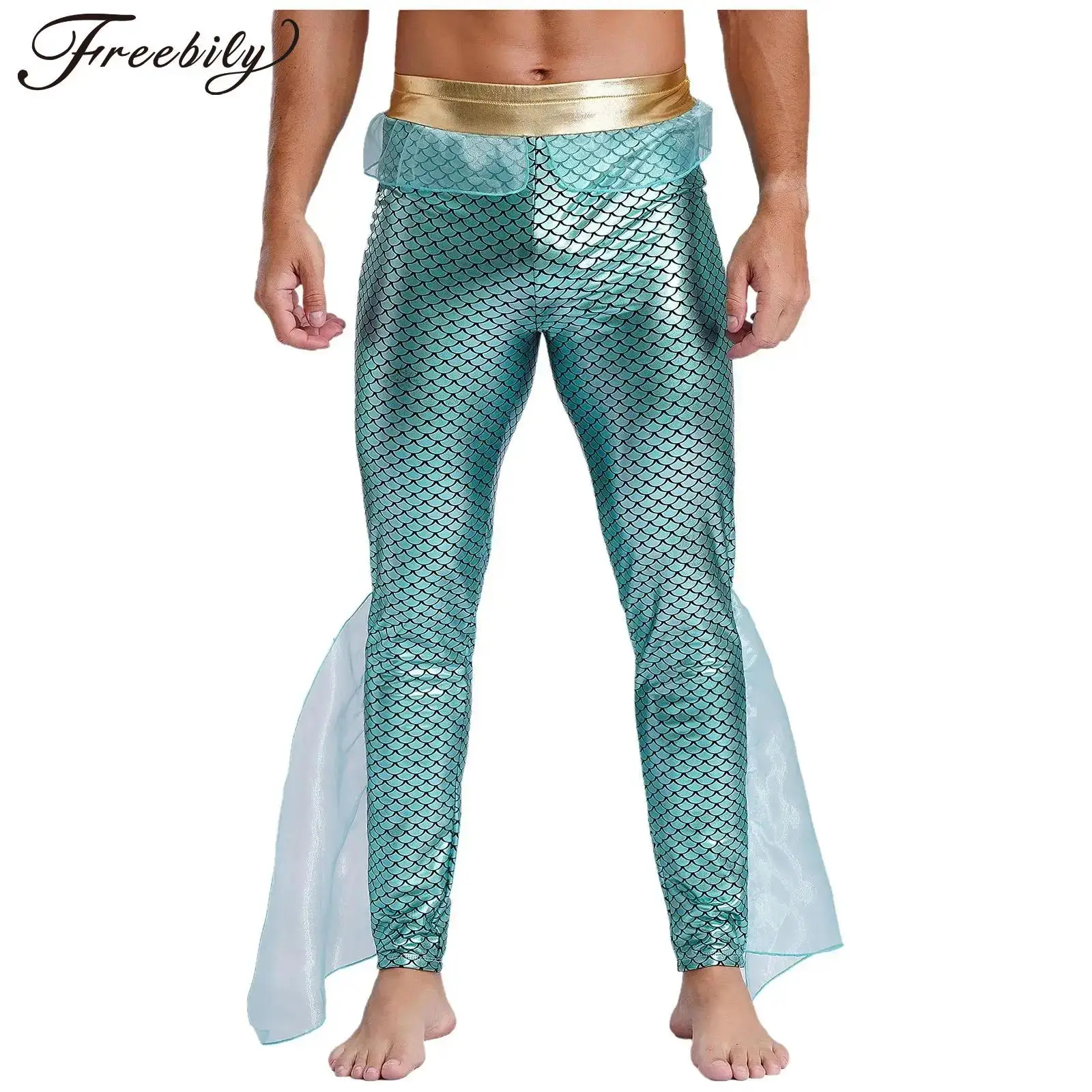 Men Mermaid Pants Poseidon King of The Sea Cosplay Costume Metallic Shiny Fishscale Print Leggings for Halloween Theme Party