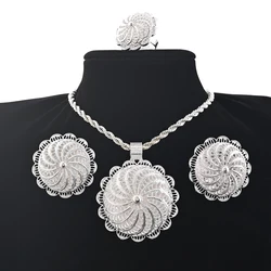 Saudi Arabia Classical Silver Plated Flower Jewelry Set Necklace Earrings Ring Headchain Gifts Wedding Set For Women