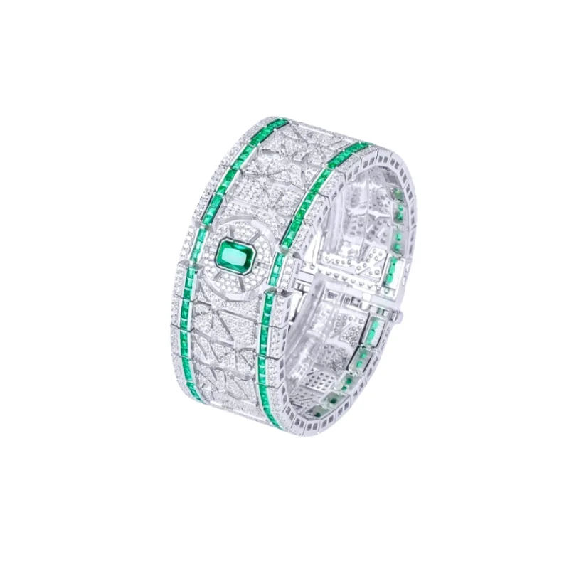 

BELLUX Light Luxury Vintage S925 Silver Emerald Bracelet Fine Classic Fashion Synthetic Zircon Large Green Bracelet