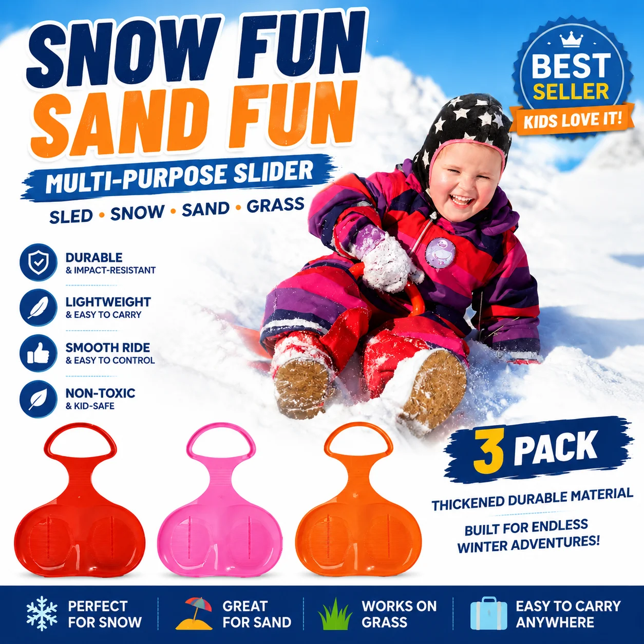 3PCS Portable Sled Board, Winter Snow Sled for Adults, Plastic Snow Slider for Grass Sand, Outdoor Sliding Pad, Ski Training
