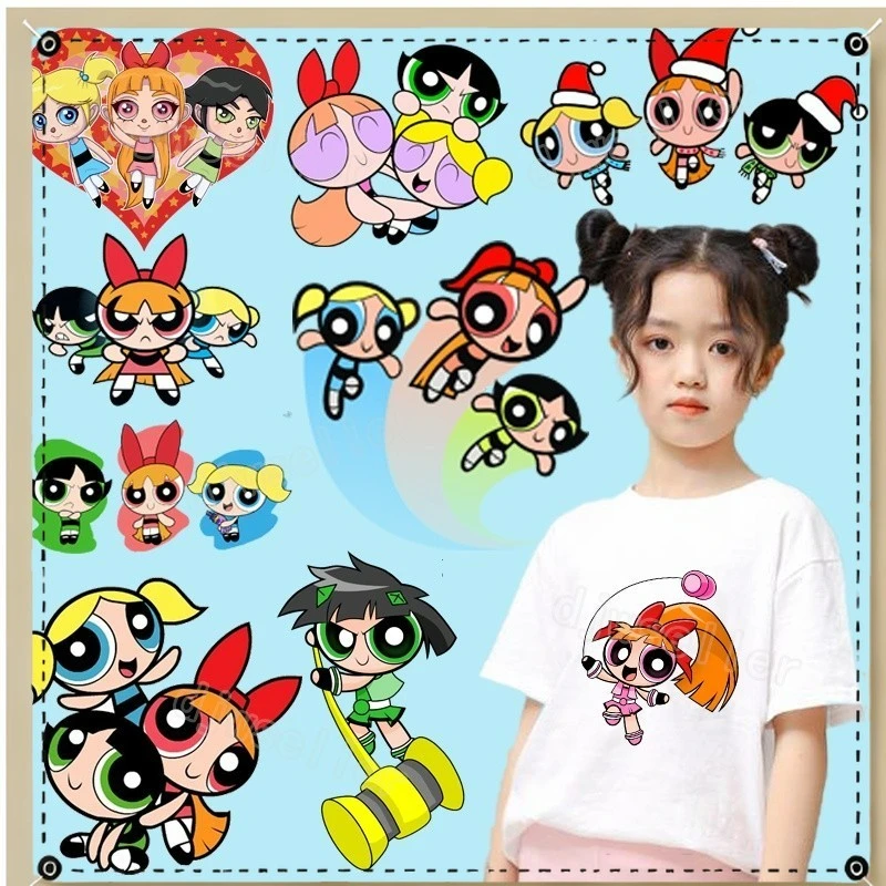2 قطعة الكرتون الفتيات Powerpuff ملصقات نقل الحرارة بقع الكي قابل للغسل DIY بها بنفسك المرأة تي شيرت ملصقات نقل الحرارة