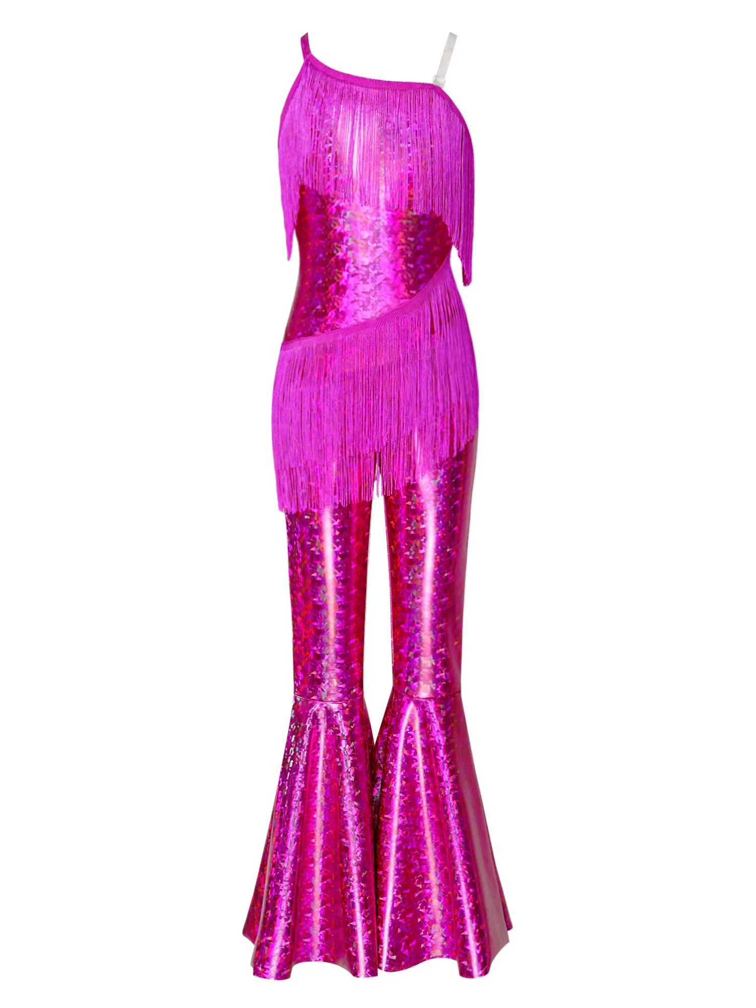 Kids Girls Tassels Metallic Shiny 70s Disco Flared Jumpsuit Sleeveless Zipper Latin Jazz Dance Bodysuit School Party Dancewear