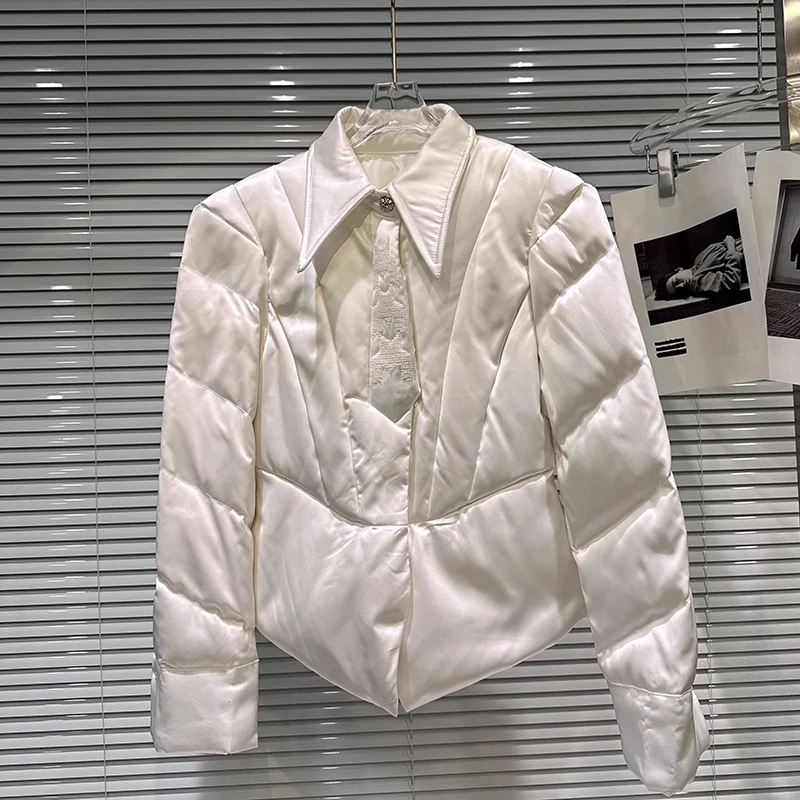 2025 Winter New Tie Three Dimensional Design Concealed Waist Warm Down Jacket Women Solid Color Laple Collar Trendy Coat