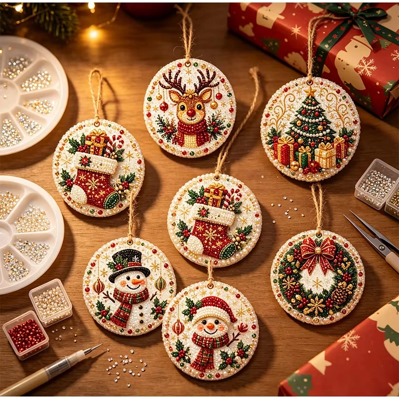 Deluxe Solid Round Drill Pearl Crystal Diamond Mosaic Kit DIY Christmas Hanging Decor Santa Snowman Reindeer Tree Pendant Tags