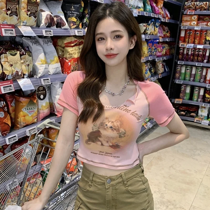 

Summer Pink Cute Cat Print Cotton Crop Tops Women 2022 Fashion High Street Casual Tees Basic Slim Short Sleeve U Neck Crop Shirt