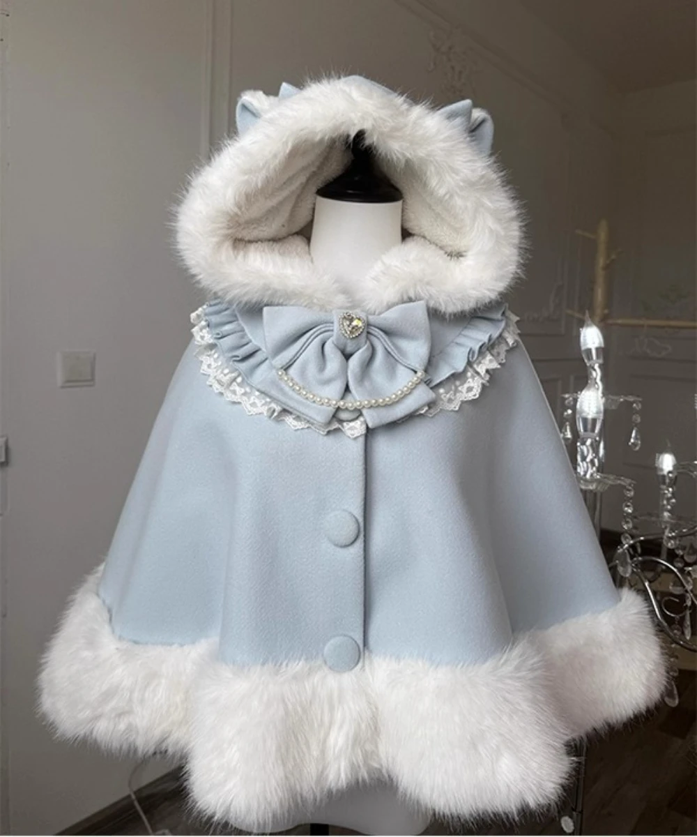 

Накидки и пончо в стиле японской Лолиты, пальто на флисовой подкладке, милая синяя элегантная женская одежда, шерстяное пальто, сохраняющие тепло пальто