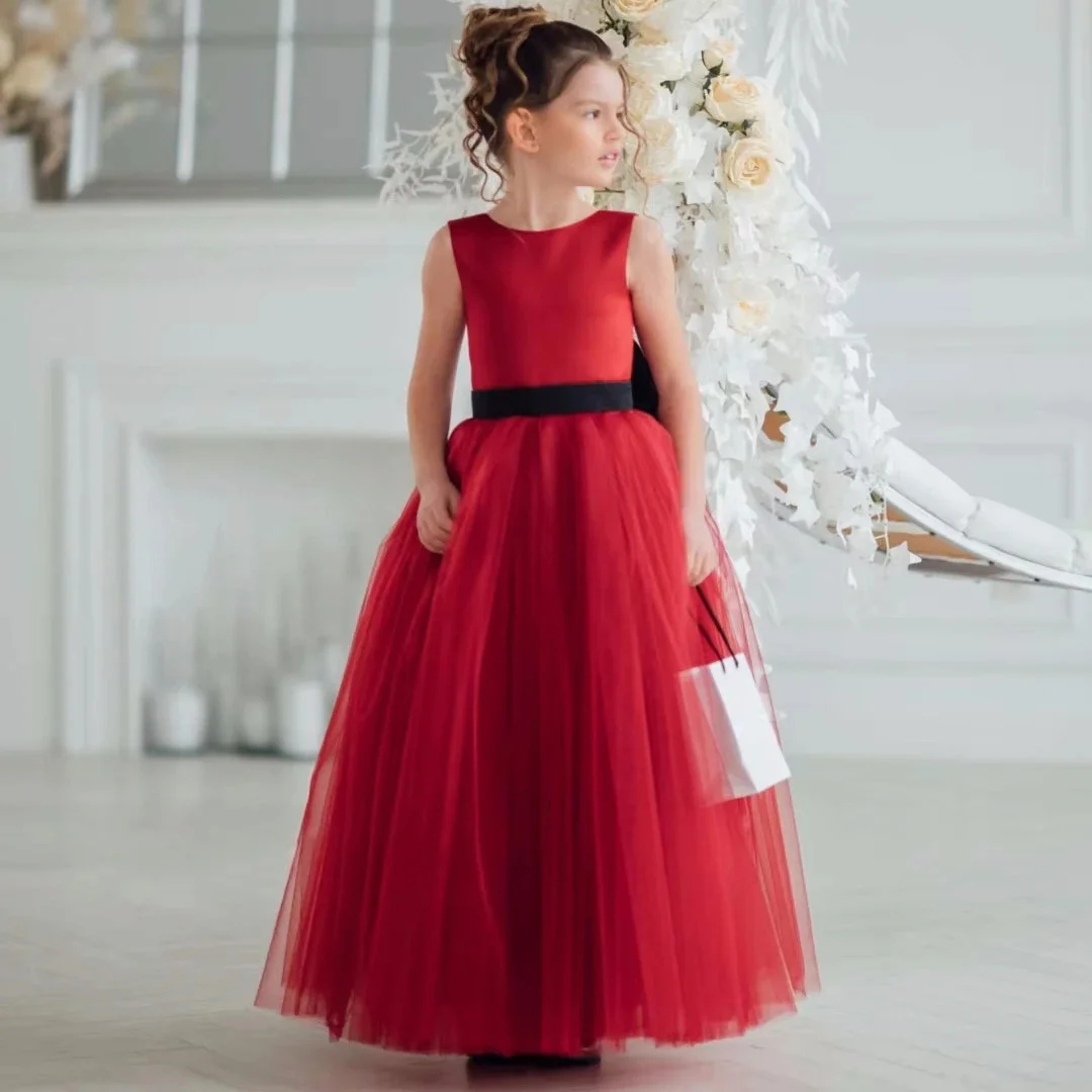 Customized Burgundy Trail Round Neck Applique Flower Girl Dress First Wedding Elegant Flower Child Party Dinner Communion Dress