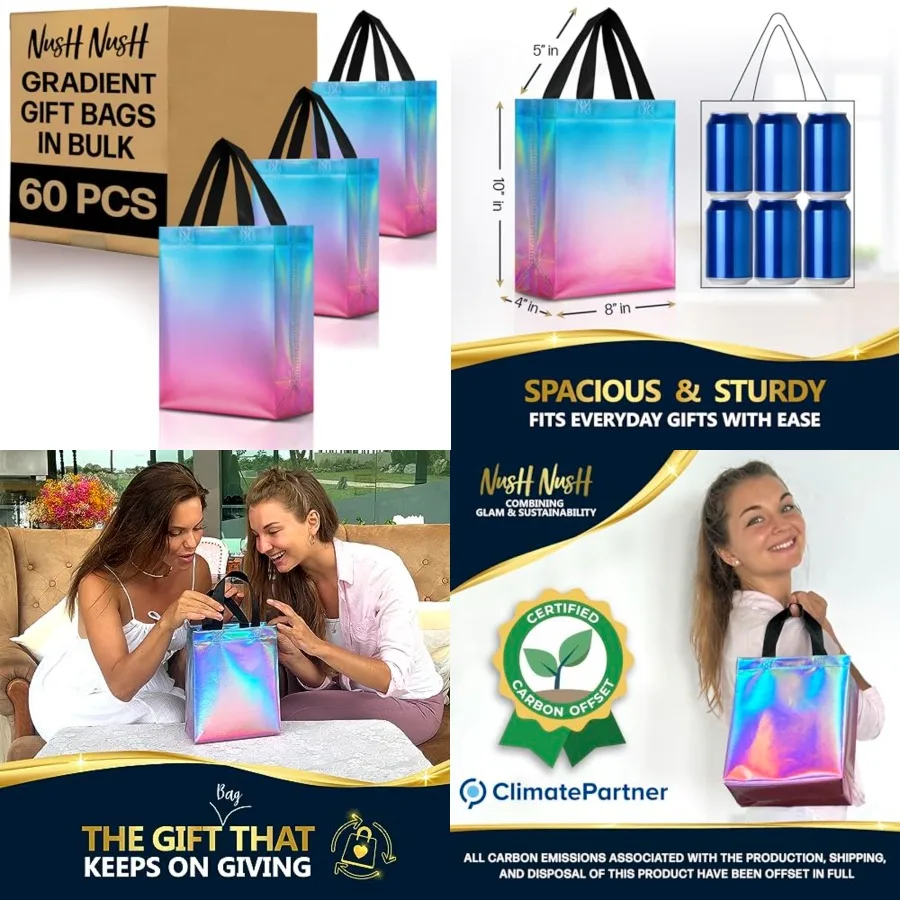 

Gift Bags With Holographic Finish Set of 60 Reusable Gift Bags Bulk Party Favor Bag Set For Small Business, Birthday, Bridal an
