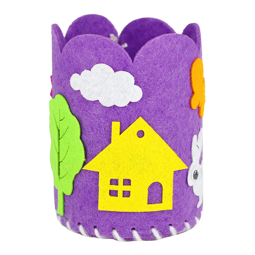 4Pcs Cartoon Felt Pen Holder DIY Pencil Organizer Sewing Craft Set with Fabric Pieces Thread for Kids Preschool