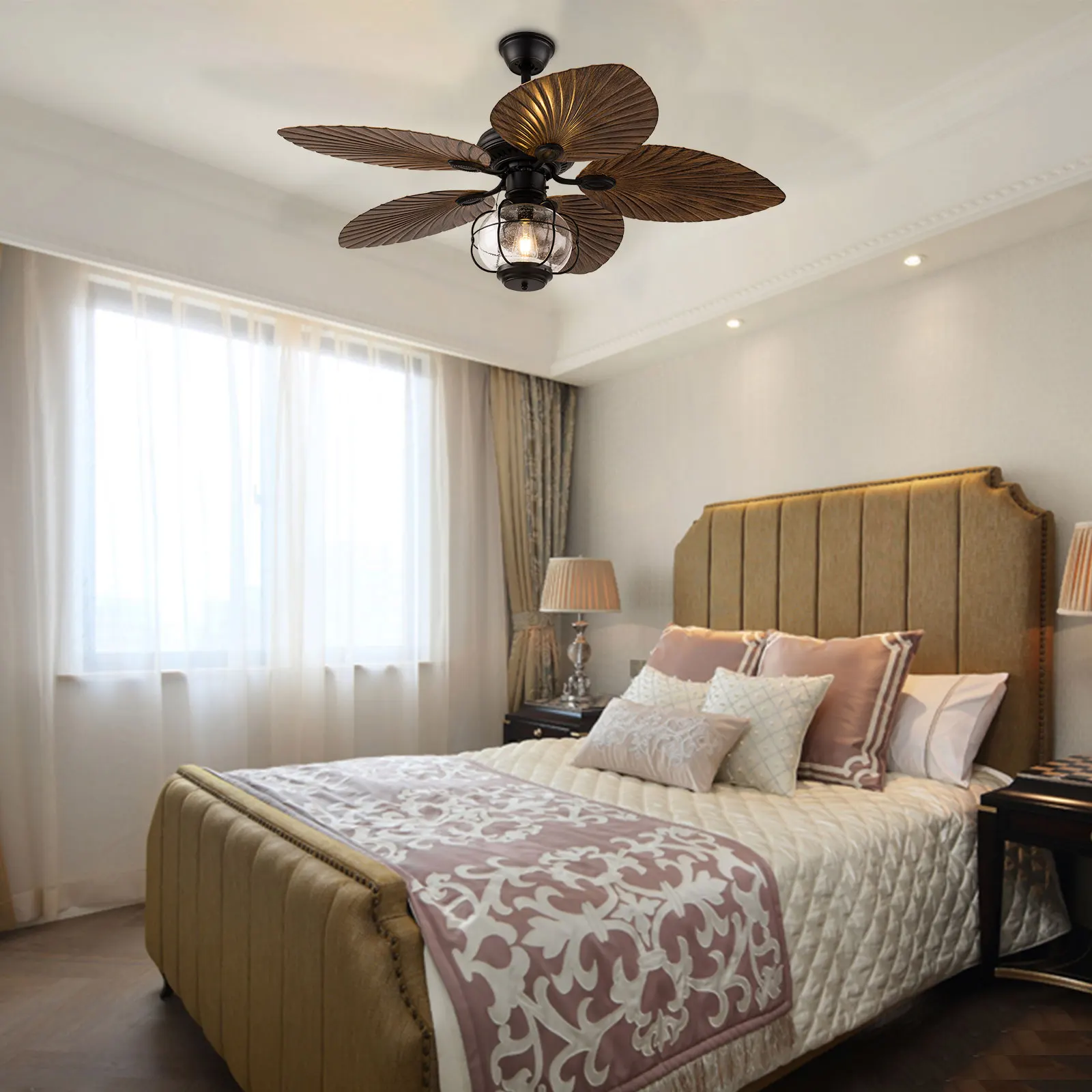 

52in Industrial Fan Pendant Light Coffee Colored Glass Lampshade w/ Remote Control Ceiling Fan Light