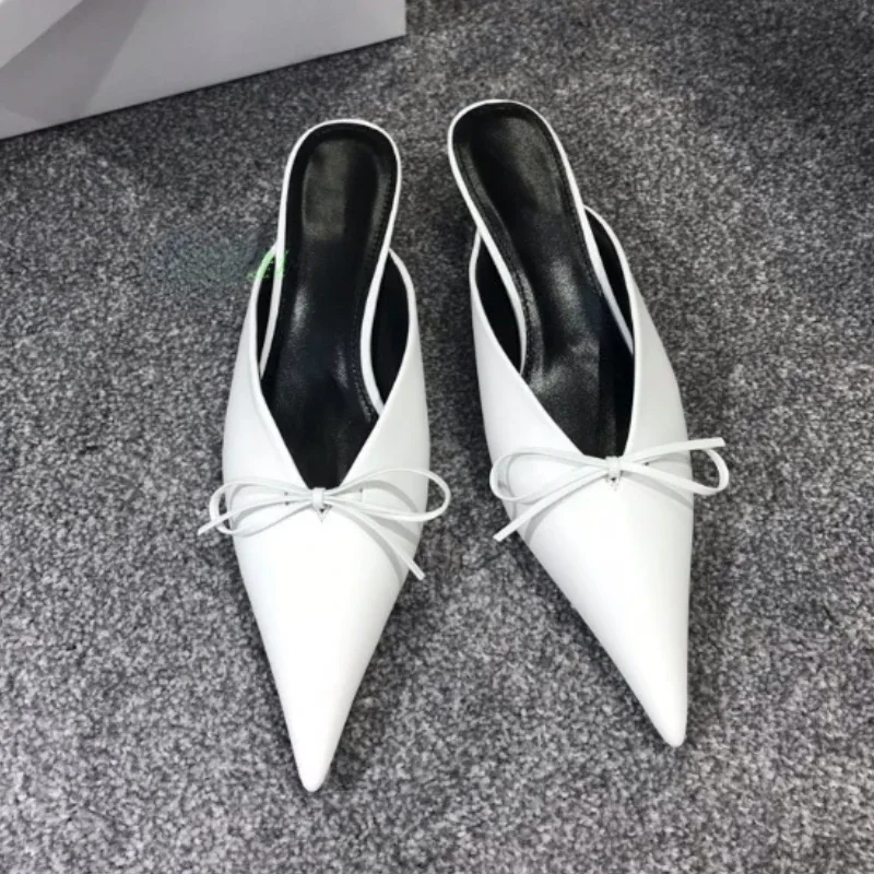 2024 New Pointed Half Pack Slippers Women\'s Bow Short Heel Cat and Muller Half Slippers