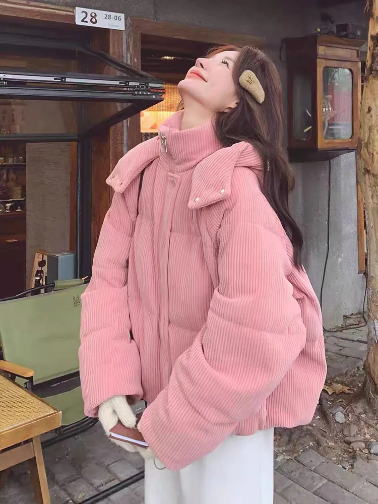 Vintage Corduroy Hooded Puffer Coat Women Y2K Winter Thick Warm Puffy Jacket Korean Sweet Preppy All Match Parka Outwear