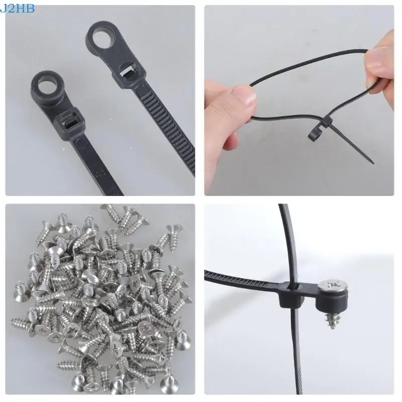 J2HB 12 inches Black Cable Ties Pack Of 100 High Strength Ties with Screw Holes for Easy Installation In Auto Home Projects