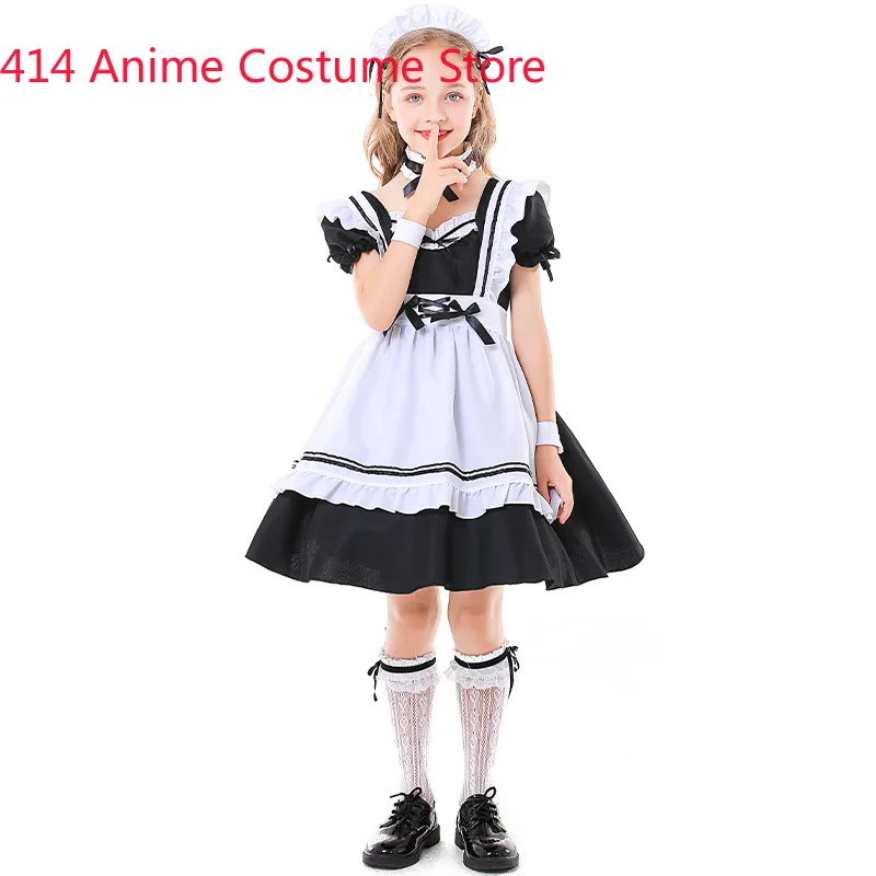 Child Amine Cute Lolita French Maid Cosplay Costume Black White Dress Uniform Girls Waitress Halloween Party Costumes