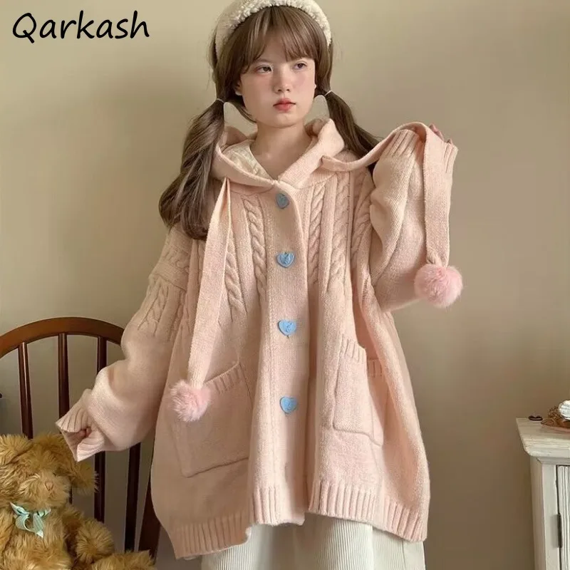 Cardigan Women Knitting Sweet Lovely Loose Hooded Japanese Style Vintage Winter Coats Preppy Students Female All-match Slouchy