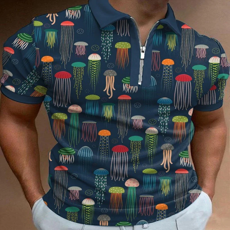 

Jellyfish Pattern 3D Print Polo Zipper Shirt Tattoo for Men