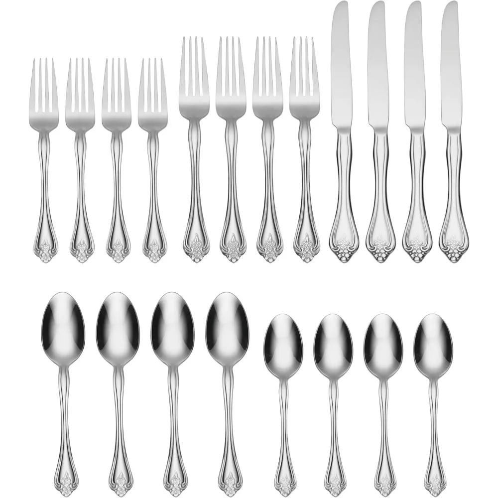 

20-Piece Stainless Steel Flatware Set, Service for 4, Elegant Floral Design, Dishwasher Safe Silverware