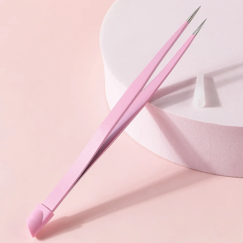 ピンクのネイルアートピンセット 1 個 - ラインストーンやネイルデコレーション用のステンレススチール製ストレートチップツール