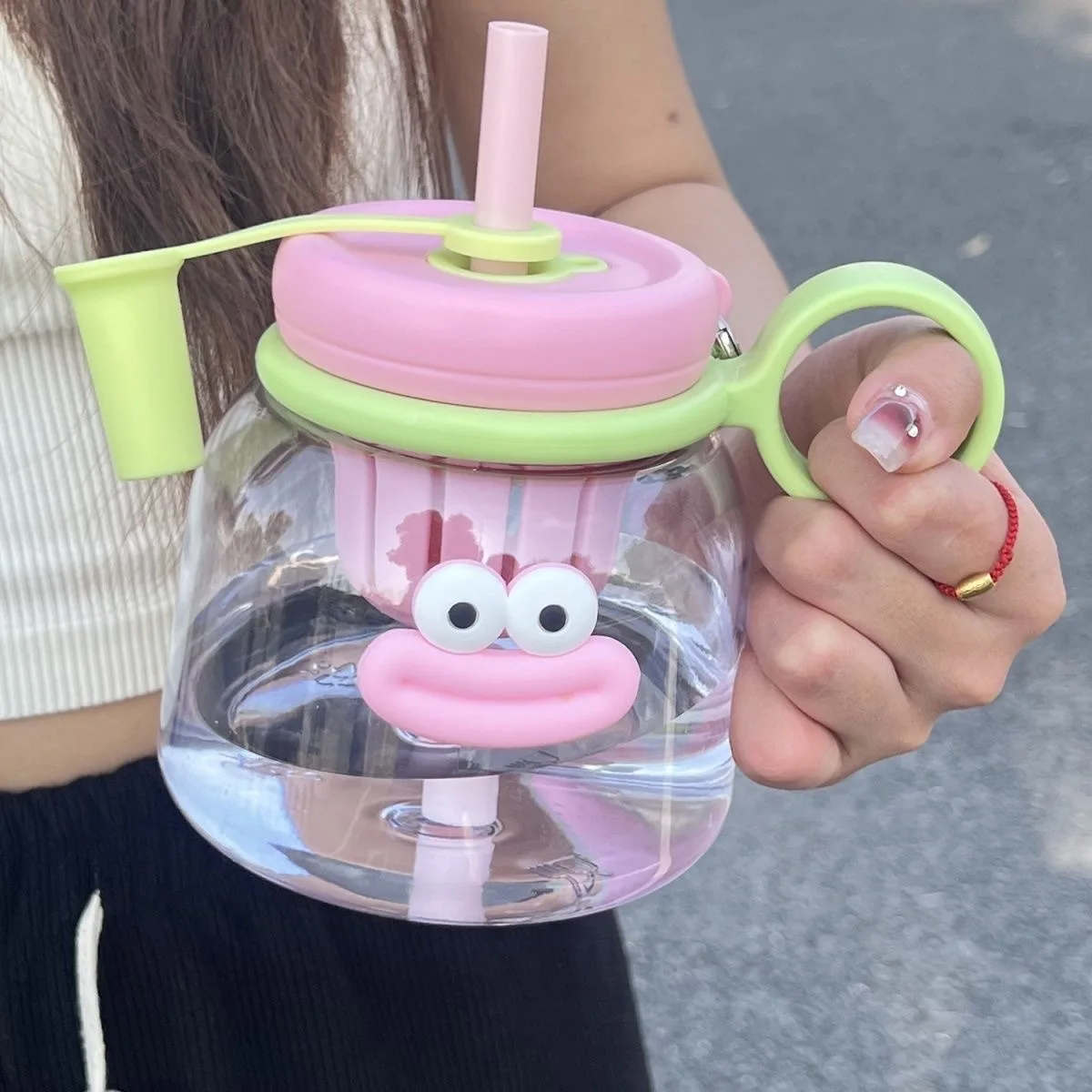 1000ml Large Capacity Water Cup Big Mouth Cartoon Big Belly Cup Portable Kettle with Lifting Rope Summer Cute Student Straw Cup