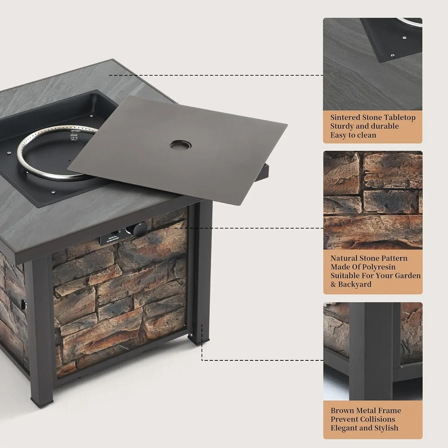 32'' Square Propane Fire Pit Table, Sintered Stone Top, 50000 BTU, Customized