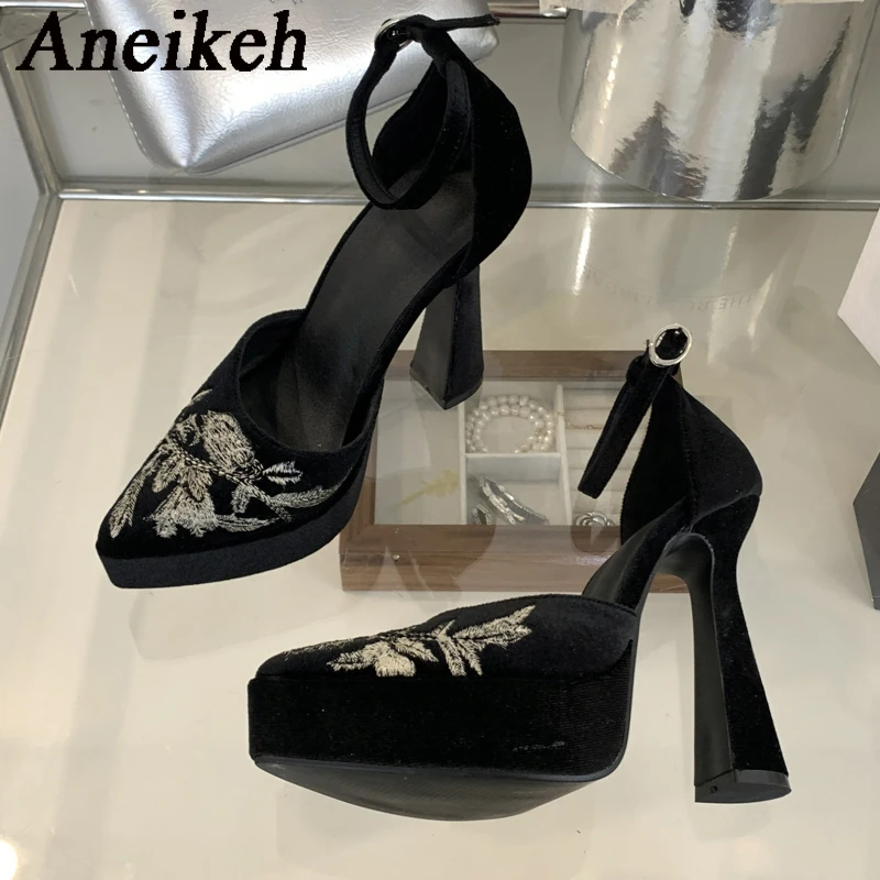 Aneikeh Spring Fashion Embroidered waterproof Platform Stiletto High Heels  Nightclub Stripper Buckle Strap Shoes Pumps Woman