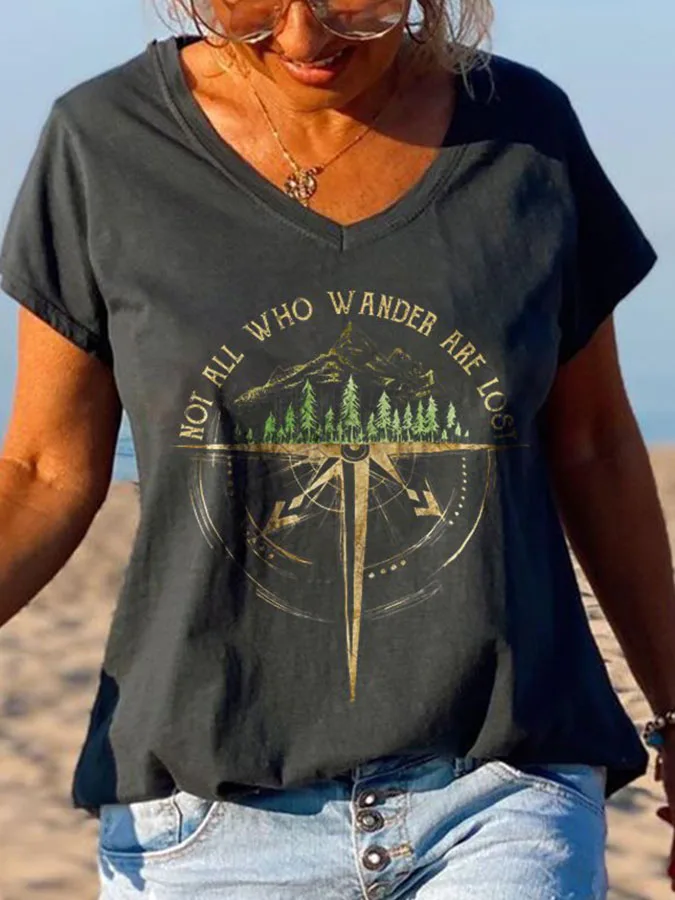 NEW Women's Short Sleeve T-Shirts Casual V Neck T Shirt Hippie Letter Print Tops Summer Tees