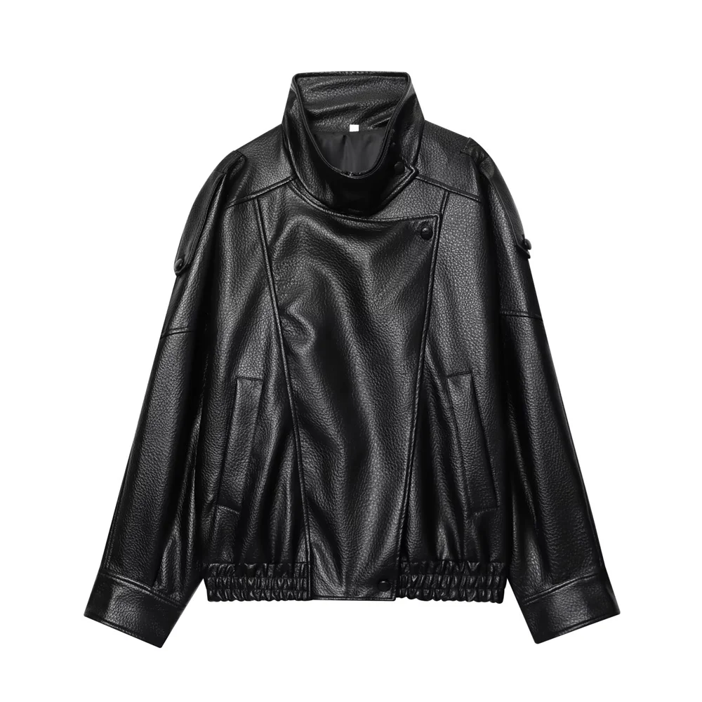 

Autumn and winter new women's motorcycle style standing collar long sleeved PU imitation leather casual short jacket jacket