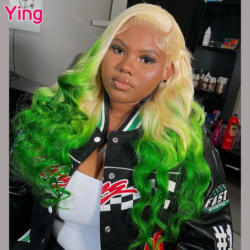 

Ying Body Wave Half Green Omber Color 13x4 Lace Front Human Hair Wigs Peruvian Remy 613 Blonde 13x6 Lace Frontal Wig PrePlucked