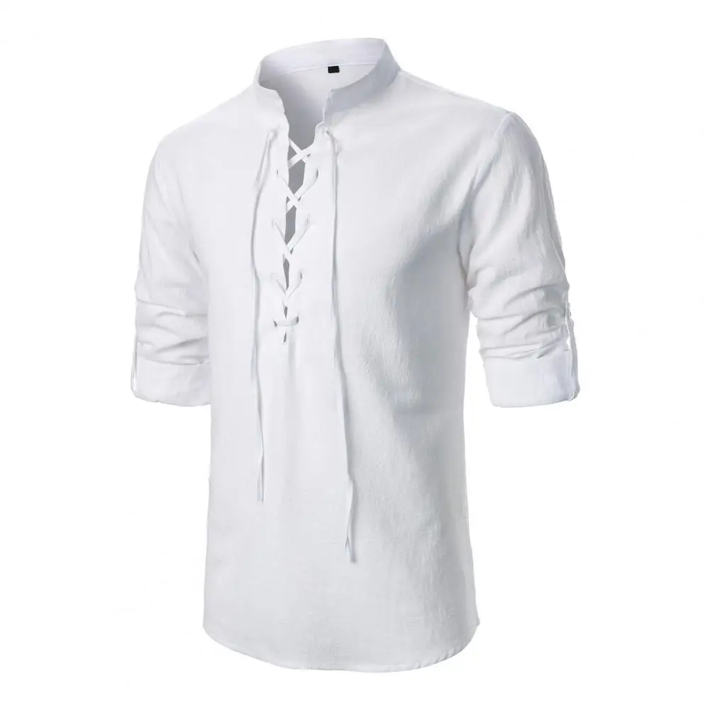 Men Casual Shirt Medieval-inspired Men's Shirt with Lace-up Stand Collar Cufflink Detailing for Casual or Office Wear in Spring