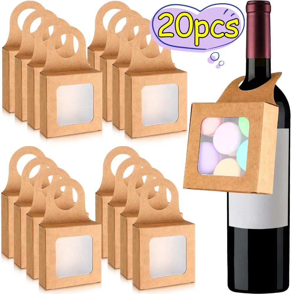 20/10Pc Kraft Paper Wine Bottle Box with Window Hanging Foldable Wine Box Holds Candy Truffles Decorative Wedding Party Supplies