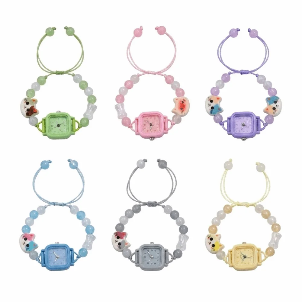 Fashion Adjustable Bracelet Watch Beaded Cartoon Cat Chain Watch Cute Quartz Watch for Women Girls