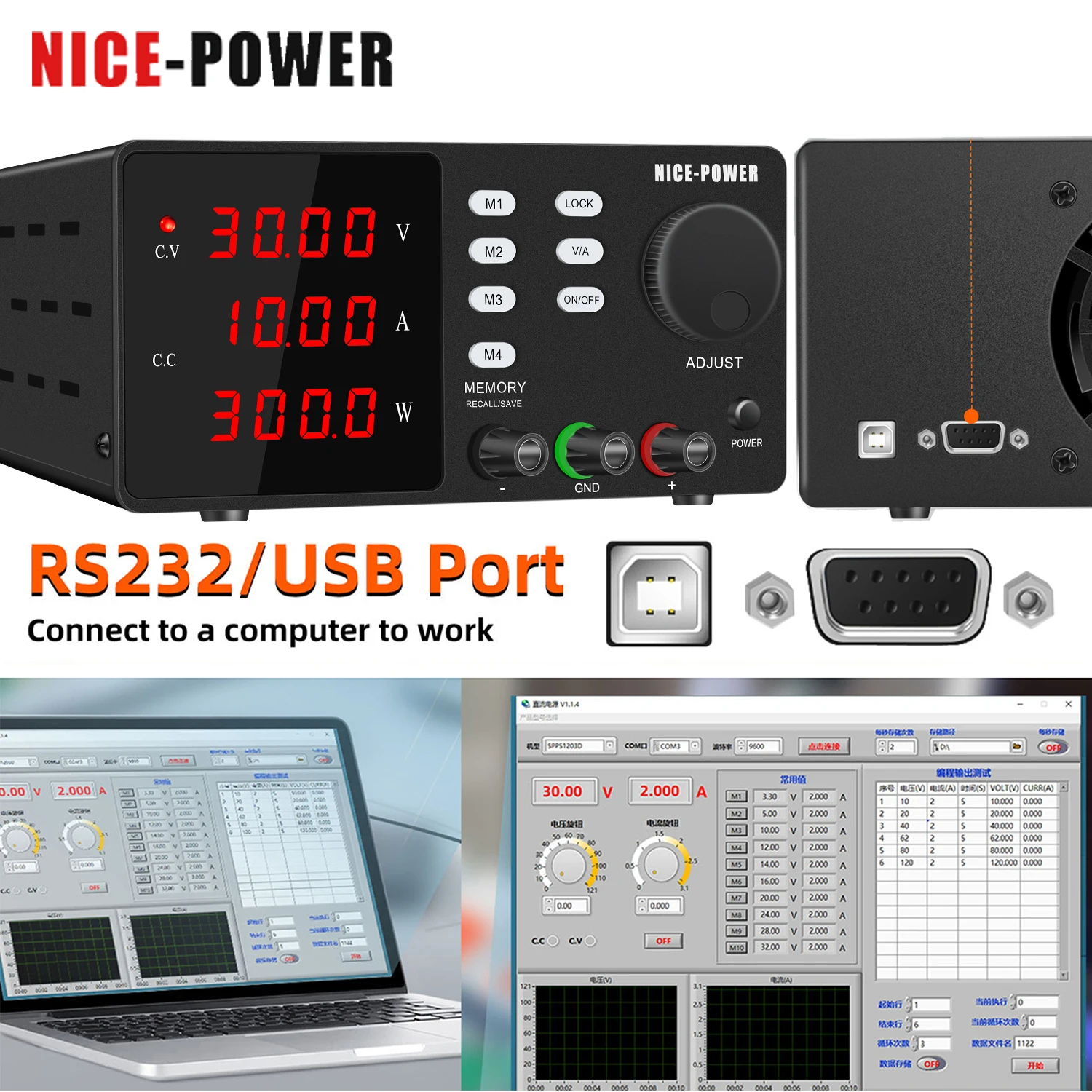 NICE-POWER 30V10A Programmable Lab Power Supply RS232 USB Voltage Regulator Stabilizer Switch Bench Power Source 200V 1A 300V 1A