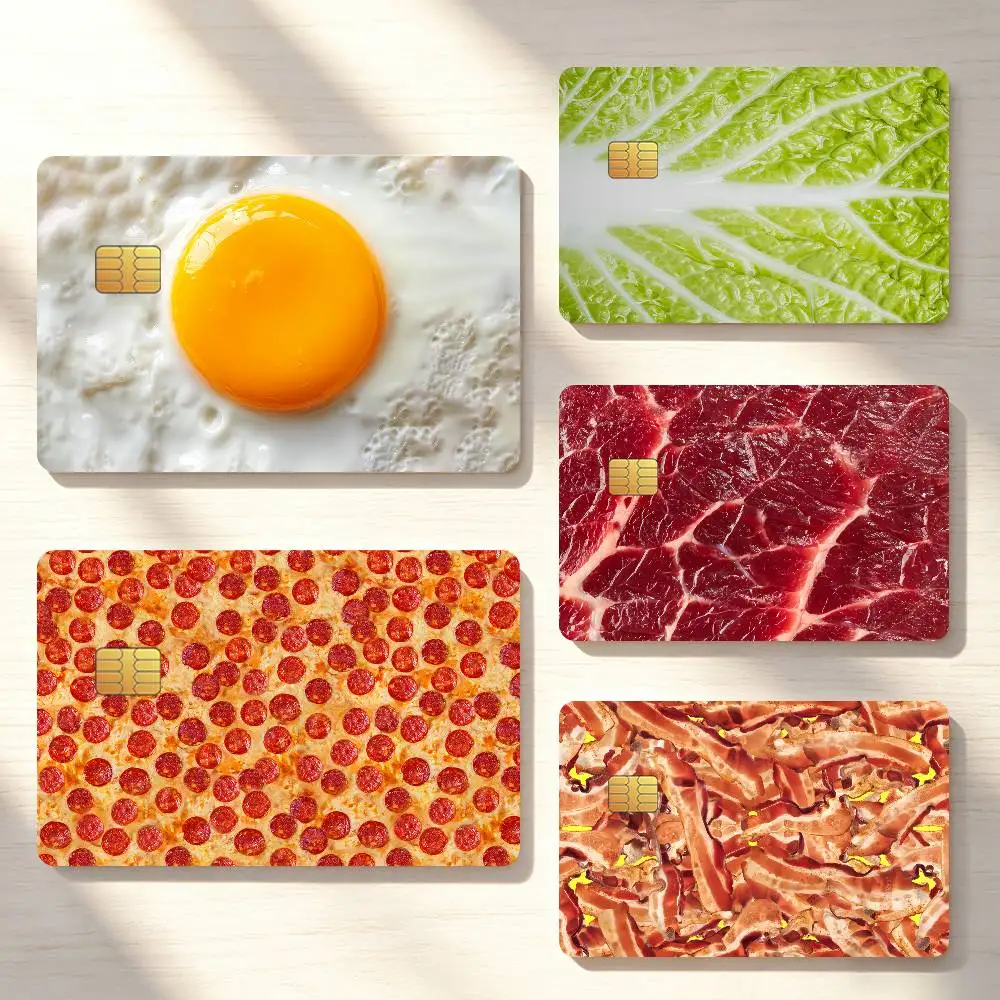 Fried Egg Pizza Bacon Cabbage Leaves Credit Card Sticker Waterproof Anti-Scratch 4PCS Bank Debit Traffic Cover Decoration