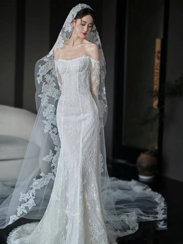 

Ele Long Sve Lace Wedding Dr One oulder Fi Tail Bal Light Fairy Forest Sle Gown with Train for Hotel Ind...