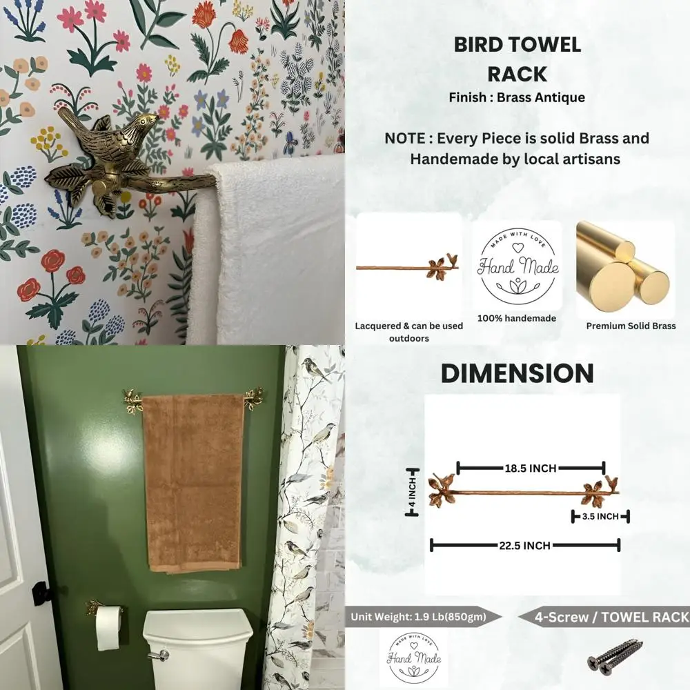 

Antique Solid Brass Bird-Shaped Wall Mounted Towel Bar - Vintage Bathroom Hardware Accessory with Retro Style
