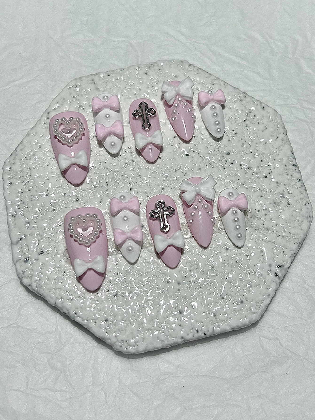 10 قطع Y2K التوابل عقدة شعر للفتيات اللؤلؤ لطيف الوردي الأبيض اليدوية الصحافة على الأظافر القلب الصليب يامي Kawaii الفن الأظافر وهمية