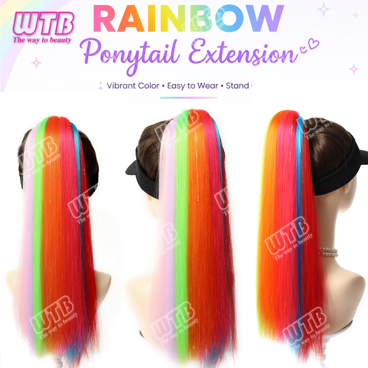 Rainbow Glitter Hair Elastic Tie Ponytail Extension, Colorful Straight Synthetic Hair Pieces for Festival Rave Halloween Cosplay