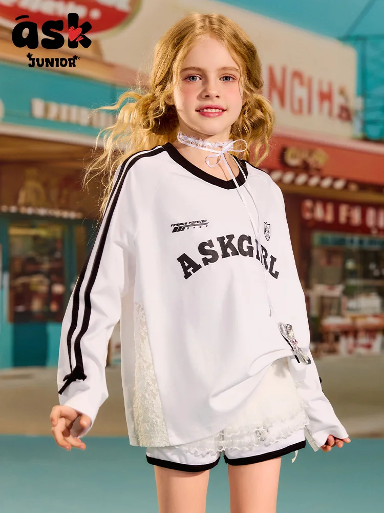 اسأل جونيور الدانتيل كم طويل تي شيرت الفتيات الربيع طاقم الرقبة البلوز القوس أسفل القميص #2