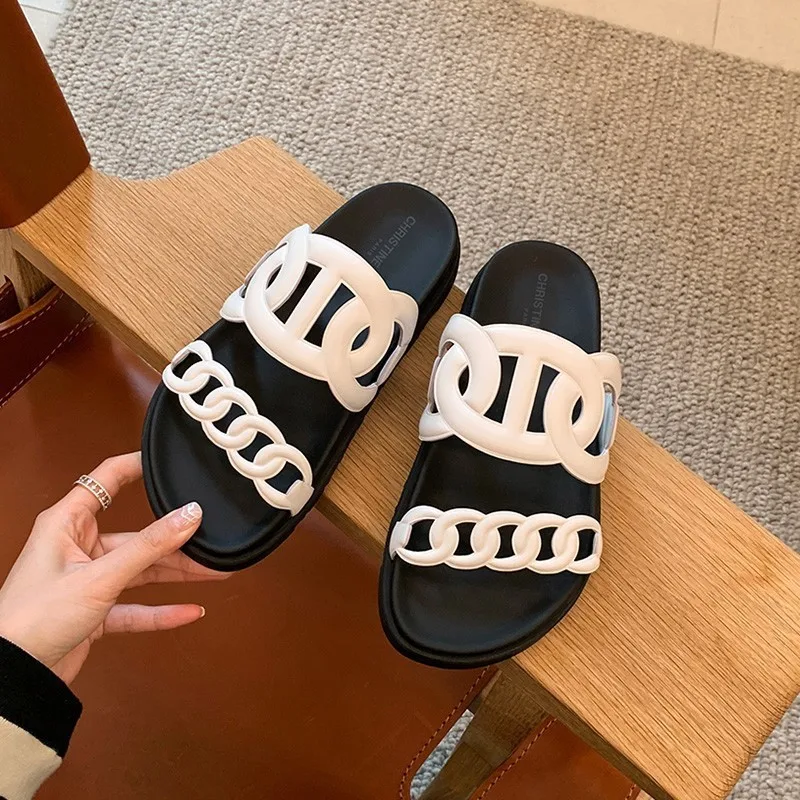 Summer New Style European and American Cross-belt Flip-flops Casual Thick-soled Circular Chain Beach Slippers for Women