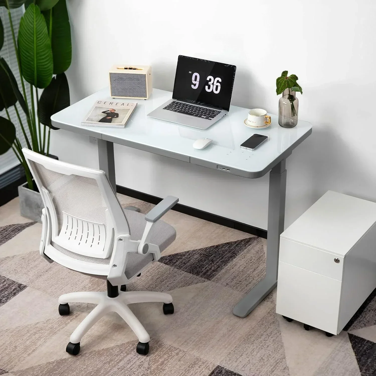 [بيع ساخن، مخزون محدود! ]مكتب قائم كهربائي من الزجاج مع أدراج، مكتب قابل للتعديل بارتفاع كهربائي بمحرك مزدوج 45 بوصة، يعمل باللمس C