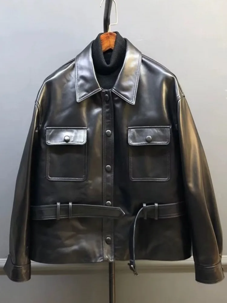 Britse stijl vierkante hals effen kleur lederen jas losse schapenvacht met lange mouwen enkele rij knopen zak sjerpen damesjas