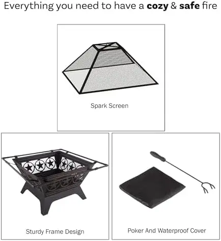 Fire Pit Set, Wood Burning Pit -Includes Sn, Cover and Log Poker- Great for Outdoor and Patio, 37” Marble Tile Recular